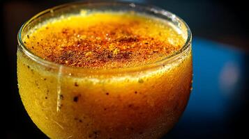 Close up macro shot of a delicious golden creamy dessert with spice. photo