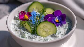 Delicious Yogurt Dip with Cucumber and Edible Flowers. photo