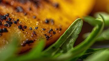 Close Up View of Delicious Roasted Peach with Fresh Green Herbs. photo