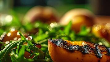Fresh Grilled Peach Salad with Vibrant Greenery and Soft Bokeh Lights. photo