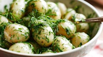 Delicious Boiled New Potatoes with Fresh Dill and Herbs. photo