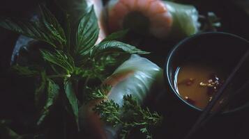 Fresh Spring Rolls with Shrimp and Healthy Herbs with Dipping Sauce. photo