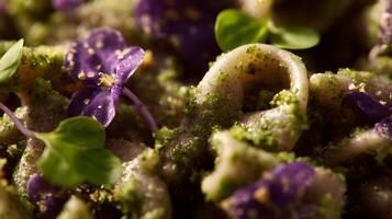 Macro View of Delicious Pasta Dish with Edible Flowers and Green Garnish. photo