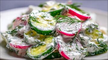 Refreshing Cucumber Radish Salad with Creamy Dill Dressing. photo