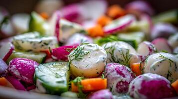 Fresh Salad with Creamy Dressing and Vibrant Ingredients Close Up. photo