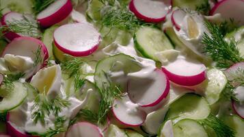 Fresh Radish and Cucumber Salad with Creamy Dressing and Dill. photo