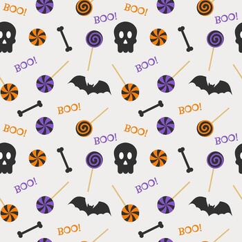 sin costura repitiendo Víspera de Todos los Santos modelo con dulces, calaveras, murciélagos y texto abucheo. ilustración. vector