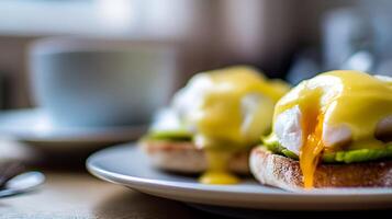 Delicious Eggs Benedict with a Runny Yolk and Fresh Avocado. photo