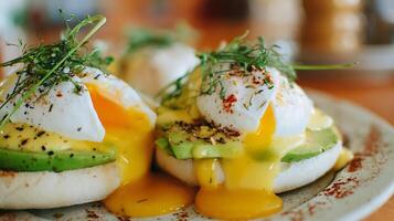Delicious Eggs Benedict with Avocado and Fresh Herbs. photo