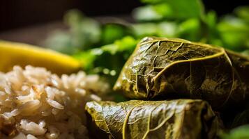 Delicious Close Up Of Dolmades Wrapped in Grape Leaves with Rice. photo