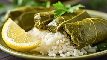 Delicious Grape Leaves Wrapped Rice with Fresh Lemon Slice. photo