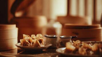 Delicate Dim Sum Dumplings Steamed to Perfection in Bamboo Baskets. photo