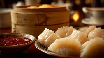 Delicious Steamed Dumplings with Red Chili Sauce and Bamboo Steamer. photo