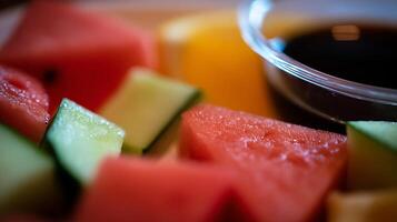 Refreshing Fruit Slices with a Dip for a Healthy Lifestyle. photo