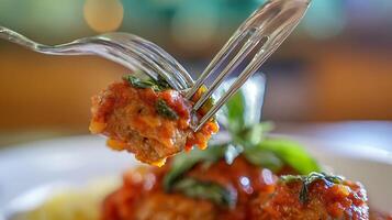 Perfectly Cooked Meatball Savored on a Fork with Tomato Sauce photo