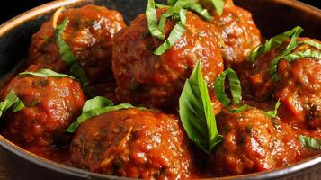 Delicious Meatballs in Rich Tomato Sauce with Fresh Basil Garnish. photo