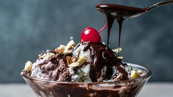 Dripping Chocolate Sauce onto a Delicious Ice Cream Sundae with Nuts. photo