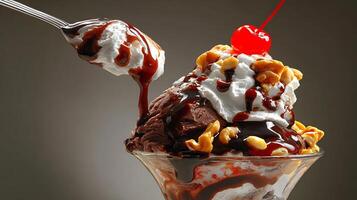 A Delicious Sundae Moment Ice Cream, Chocolate Sauce, Nuts, and Cherry. photo
