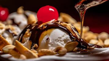 Indulgent Ice Cream Sundae with Cherry and Chocolate Syrup Pour. photo