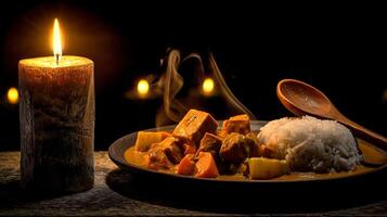 Warm Candlelight Illuminates a Delicious Meal of Curry and Rice. photo