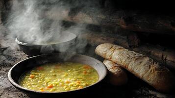 Steaming Hot Soup and Crusty Bread by a Fireplace. photo