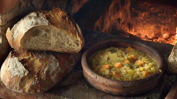 Hearty Stew and Fresh Bread by a Crackling Fire. photo