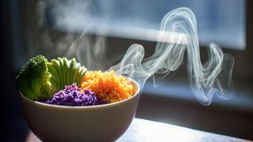 Steaming Healthy Bowl of Quinoa Salad with Broccoli and Red Cabbage. photo