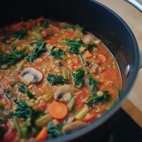 Hearty Lentil Soup with Fresh Vegetables Cooking in a Pot. photo