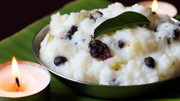 Warm Sweet Pongal Dish with Festive Candles and Leaf Garnish. photo