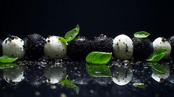Artistic Food Presentation with Fresh Basil and Dark Ingredients. photo