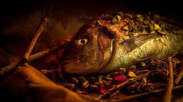 Prepared Whole Fish with Herbs and Garnish on Dark Background. photo