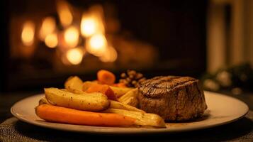 Delicious Steak Dinner with Roasted Vegetables by a Warm Fireplace. photo
