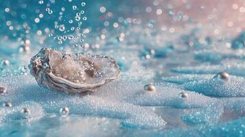 Shimmering Oyster Shell with Pearls and Water Droplets in Soft Light. photo