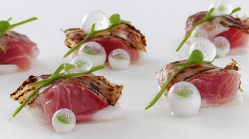 Gourmet Meat Bites with Bubbles and Green Garnish. photo