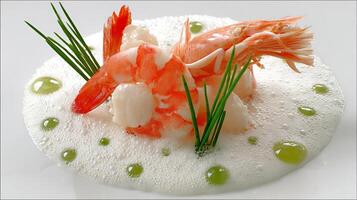 Gourmet Shrimp and Scallops with Chive Garnish on a Foamy Sauce photo