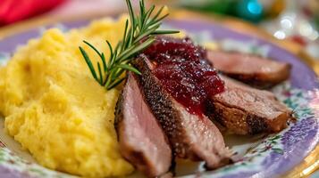 Delicious Roast Duck with Mashed Potatoes and Cranberry Sauce. photo