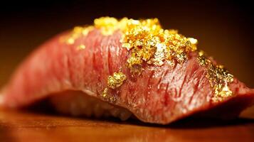 Close up of luxurious raw beef sushi topped with delicate gold leaf flakes. photo