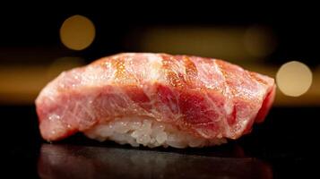 Perfectly Grilled Tuna Sushi Nigiri in Macro View with Bokeh Lights. photo