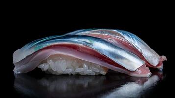 Exquisite Mackerel Nigiri Sushi Presentation Against a Dramatic Black Background. photo