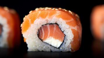 Delicious Salmon Sushi Roll Close Up with Sesame Seeds on Black Background. photo
