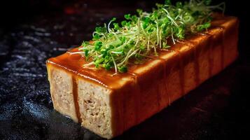 Savory Tofu Loaf with Fresh Sprouts and Glossy Glaze. photo