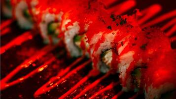 A Bold and Spicy Sushi Roll with Red Sauce Drizzle and Roe. photo