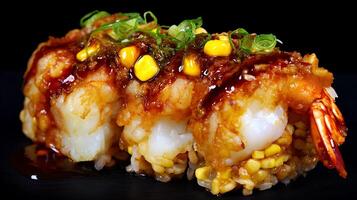 Delicious Shrimp Roll with Corn and Sauce on a Black Plate photo