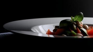 Elegant Plate of Fresh Vegetables and White Beans in Dramatic Lighting. photo