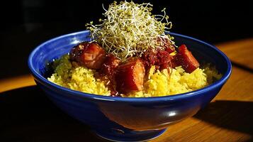 Delicious Food Bowl with Rice Meat and Sprouts on Wooden Table. photo