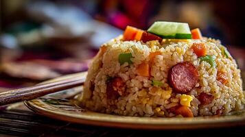 Delicious Fried Rice With Sausage and Fresh Cucumber Garnish. photo