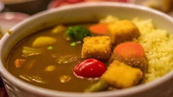 Delicious Curry with Rice and Crispy Bites, Perfect Meal photo