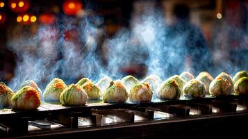 Steaming Savory Dumplings Grilled with a Hint of Spice and Green Herbs. photo