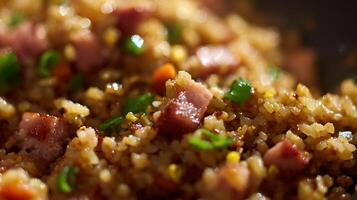 Delicious Close Up View of Savory Fried Rice with Meat and Vegetables. photo