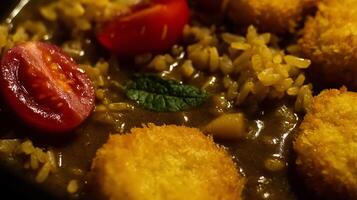 Delicious Curry Rice Dish with Fried Nuggets and Fresh Tomatoes. photo